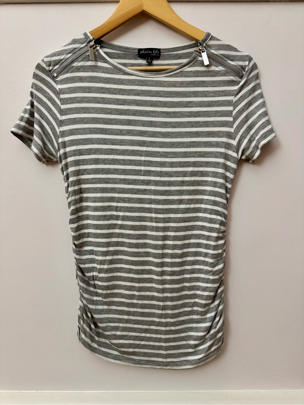 Maternity Soft Grey Striped Top with Metal Shoulder Zippers Side Ruching Size S